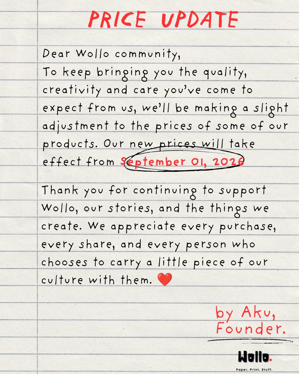 Price update from Wollo. New prices take effect from September 01, 2026.